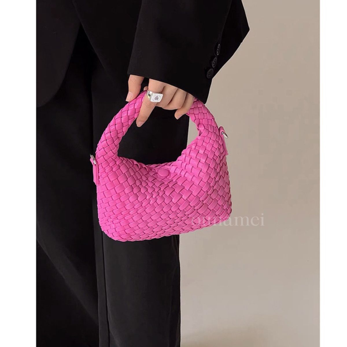 Mini Woven Crossbody Tote Bag Hot Pink