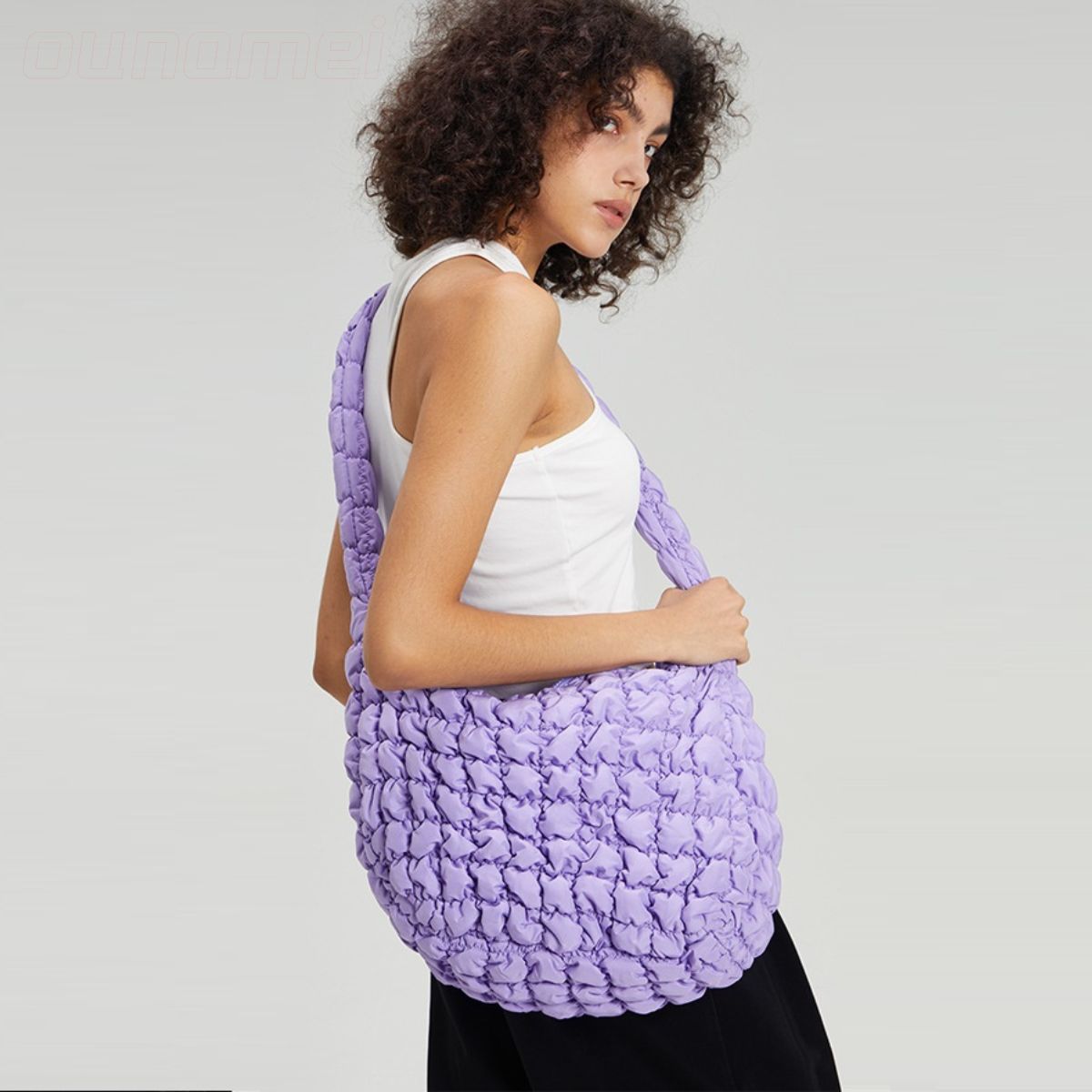 Puffer Quilted Tote Cream Purple