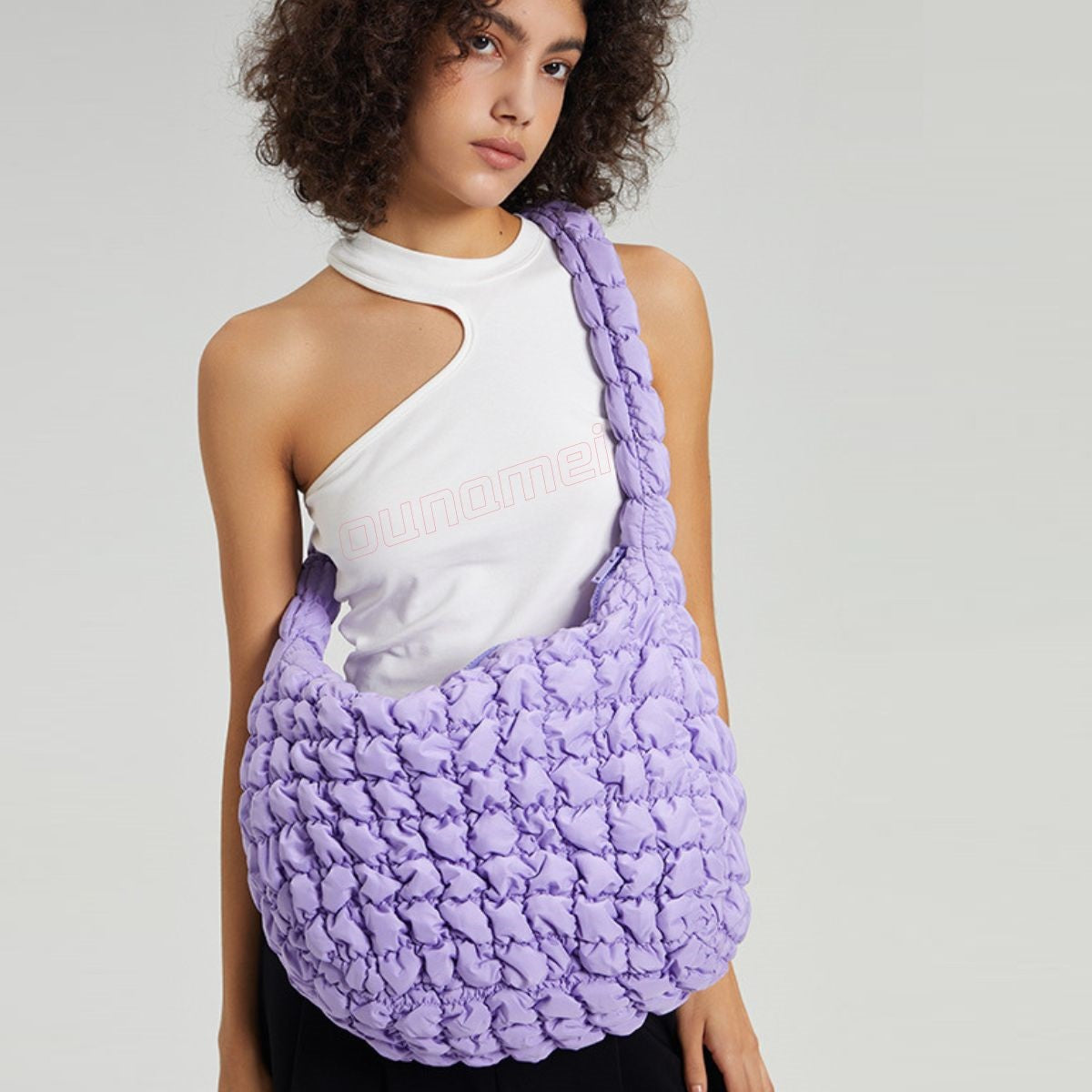 Puffer Quilted Tote Cream Purple