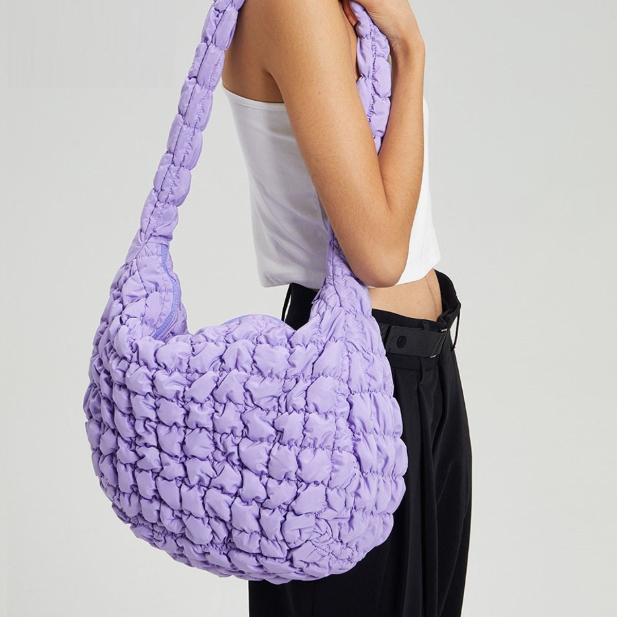 Puffer Quilted Tote Cream Purple